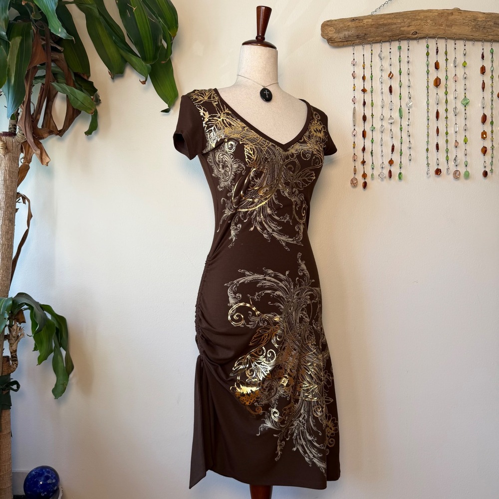 Vintage Cache Brown Gold Asymmetrical Midi Dress Y2K Mcbling V-Neck USA Mcbling